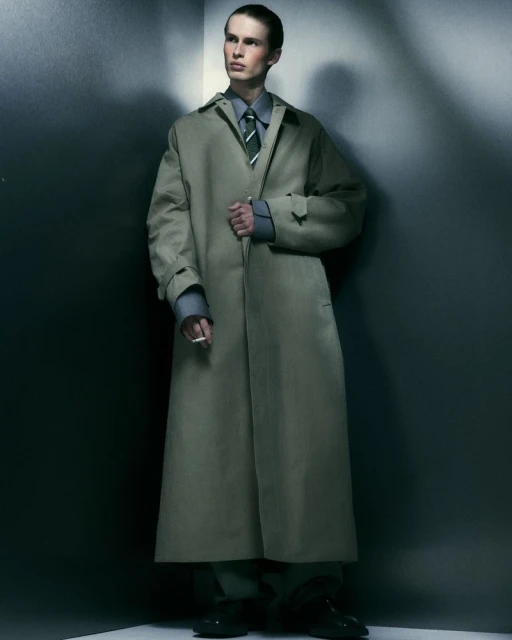An adult male stands in a photo studio wearing a trench coat, shirt, tie, and trousers, holding a cigarette in his left hand. The backdrop is a neutral grey tone.
