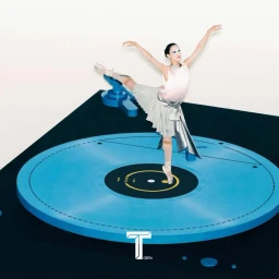Ballet dancer posing on a giant blue vinyl record set-design platform for T Magazine China