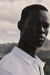 Close-up portrait of a Black man wearing a white polo shirt against an outdoor landscape background.