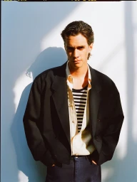Model wearing a dark blazer over a striped shirt and pale button-down against a white wall with harsh shadows