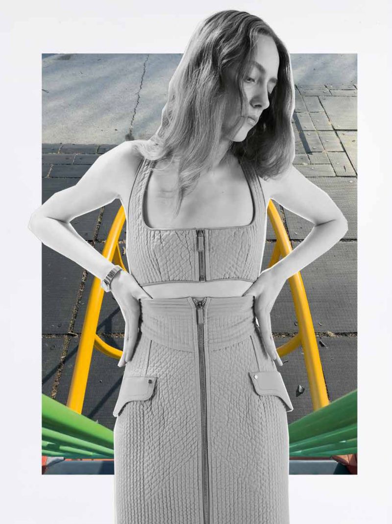 Woman in gray crop top and skirt, hands on hips, stands against a playground backdrop in a fashion editorial collage.