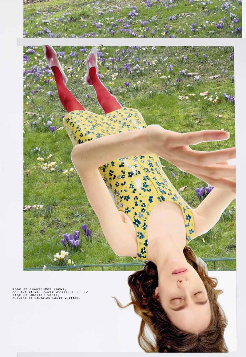 Woman in a yellow dress with floral print laying in a field of purple and white flowers, shot in a collage style.