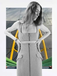 Model Lia Pavlova wearing a matching quilted crop top and skirt set for Mixte editorial project