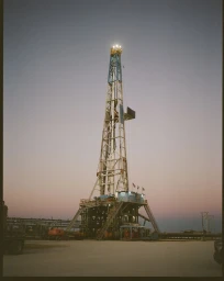 Tall drilling rig structure under a clear twilight sky with lights illuminated on top for the Fractured Plain editorial project