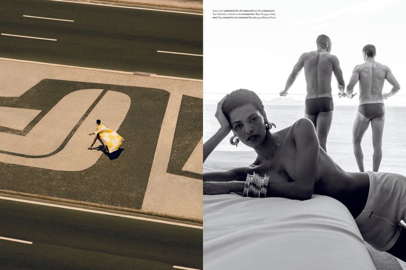 Two-part image: woman in yellow dress on patterned road by highway; woman on beach with men by ocean in black and white.