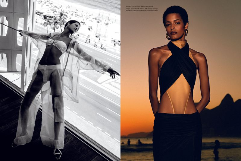 Fashion editorial featuring a slender adult female model in Rio de Janeiro, posing in swimwear and a sheer jacket, with a beach sunset scene.