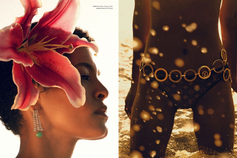 Fashion shot featuring an adult woman in swimwear on the beach, accessorized with a floral headpiece and jewelry, golden lighting.