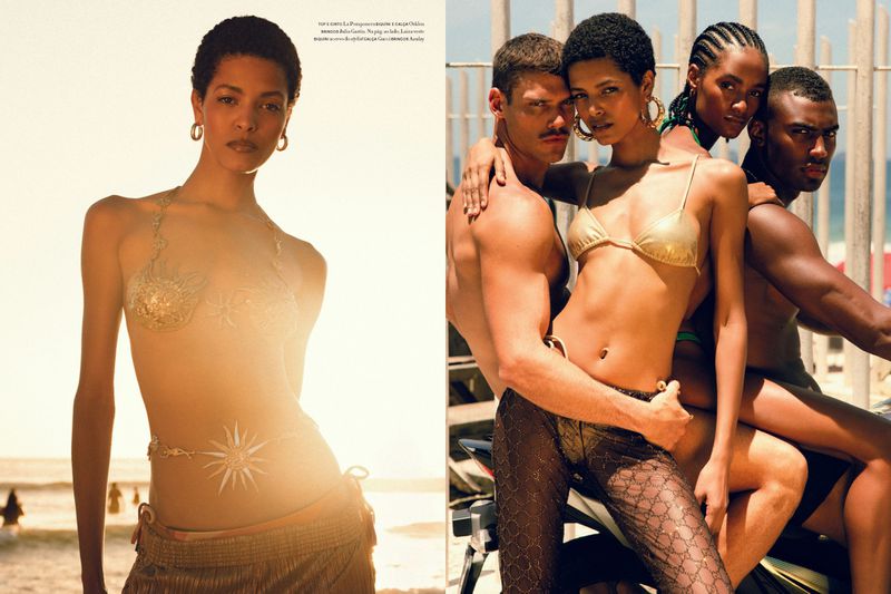 Fashion shot on a beach with a model in a golden bikini top, next to a group of two women and two men in bathing suits.
