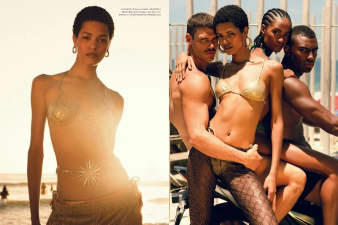 Fashion shot on a beach with a model in a golden bikini top, next to a group of two women and two men in bathing suits.