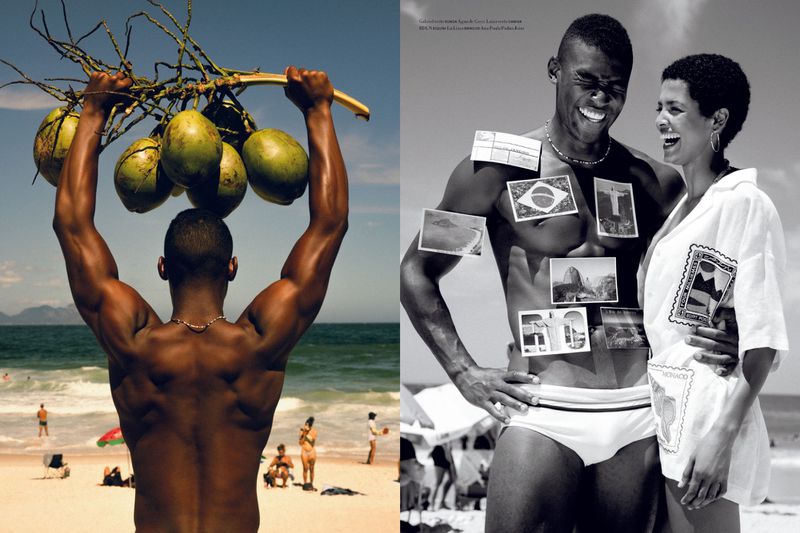 Split image: man carries coconuts on a beach; a couple poses with Brazil-themed photos on their bodies on a sunny beach.