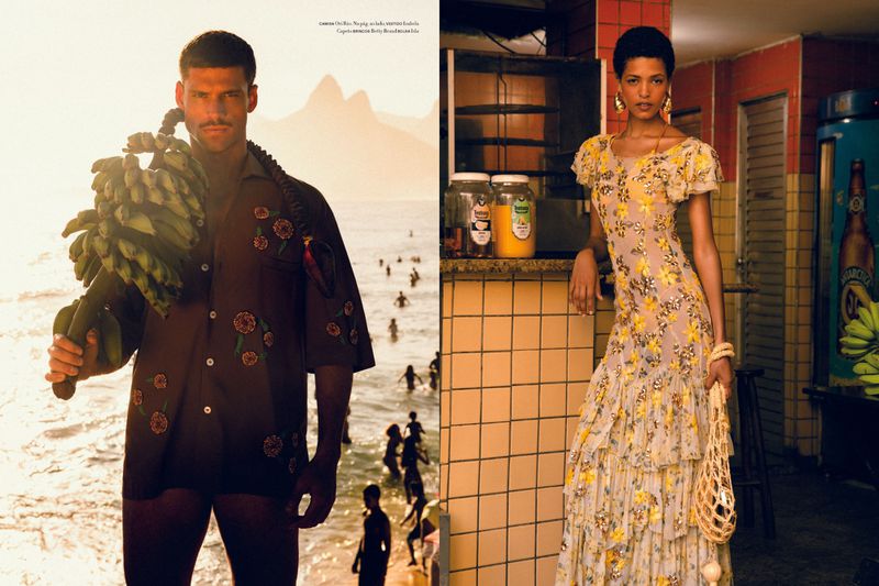 Split image of a man on a beach holding bananas and a woman indoors in floral dress, captures fashion and tropical lifestyle.