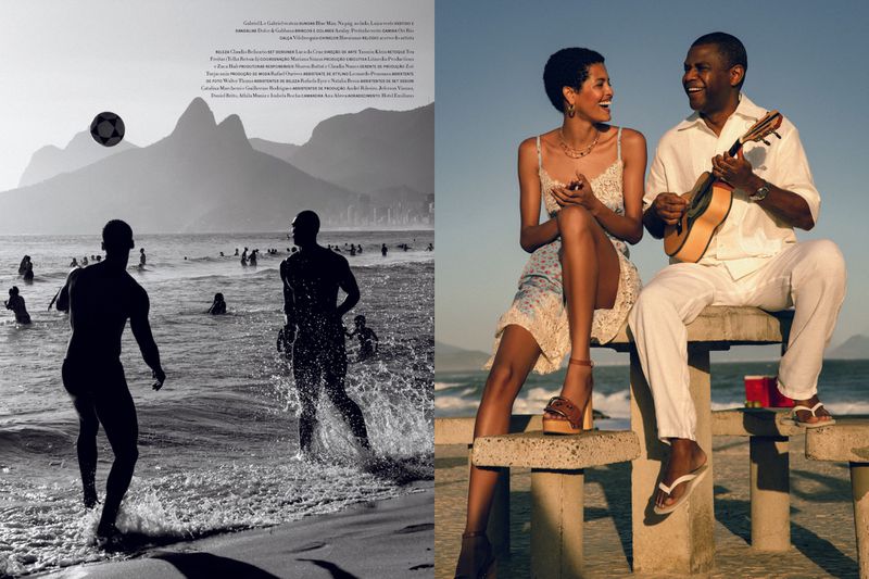 Two split images: one showing men playing soccer on beach with mountain backdrop, the other a couple sitting and smiling.