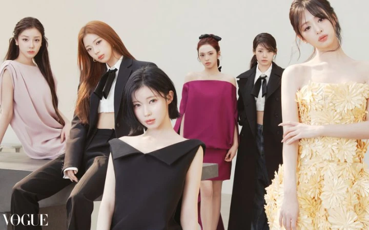 Group shot of six Asian women wearing formal dresses and business attire against a clean white backdrop, fashion editorial style.