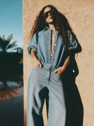 Model in denim shirt and jeans leaning against a textured wall with palm trees in the background