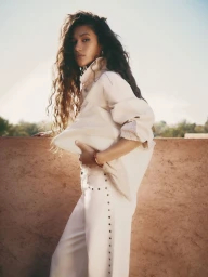 Model with long curly dark hair wearing a light denim jacket and matching pants against an outdoor wall and clear sky.