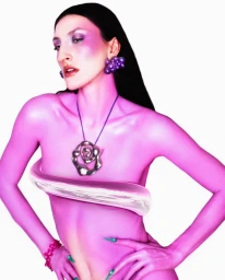 Model with vivid pink skin tone wearing large purple earrings and a silver pendant necklace against a white background.