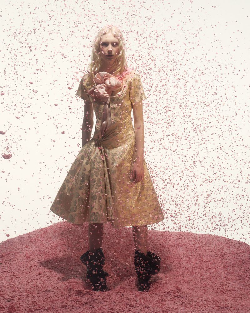 Fashion model poses in a golden dress amidst a pink backdrop and falling pink particles, creating a surreal and artistic fashion photograph.