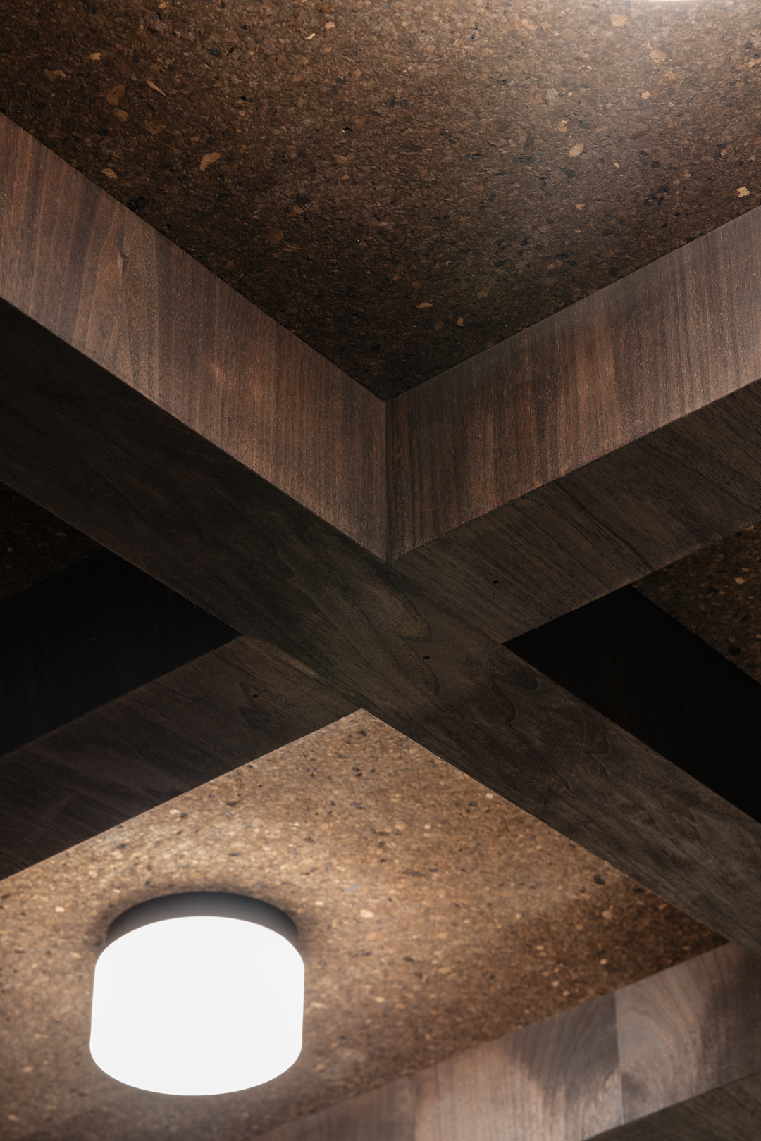 Abstract architectural ceiling with a geometric wood frame, speckled panels, and a modern round light fixture, creating a minimalist interior.