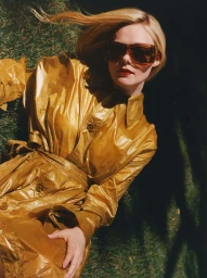 Elle Fanning wearing a shiny gold coat and dark sunglasses while lying on green grass in sunlight