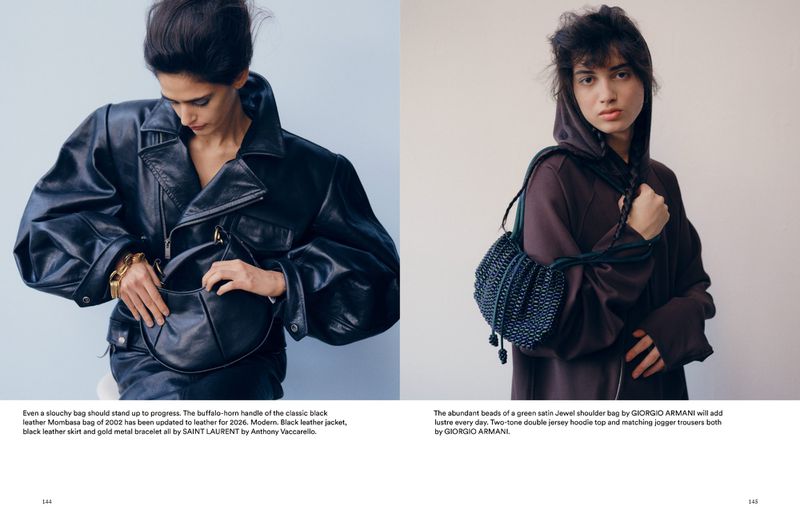 Two models showcasing current fashion. One wears a black leather jacket and the other wears a brown hoodie with a beaded green bag.