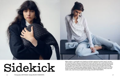 Two-page fashion magazine spread titled Sidekick featuring models holding leather bags against a white background