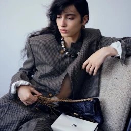 Model wearing a structured houndstooth blazer and holding a quilted handbag while seated against a grey backdrop.