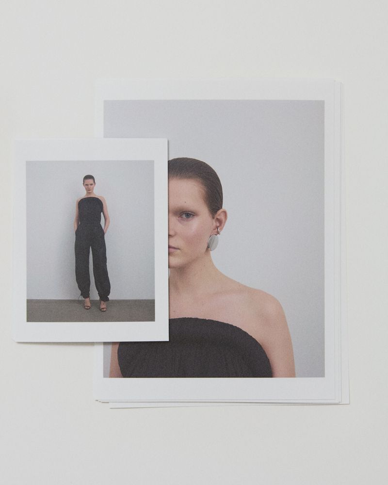 Fashion portrait of a woman in a black dress, presented as part of a collage of fashion images, against a white background.