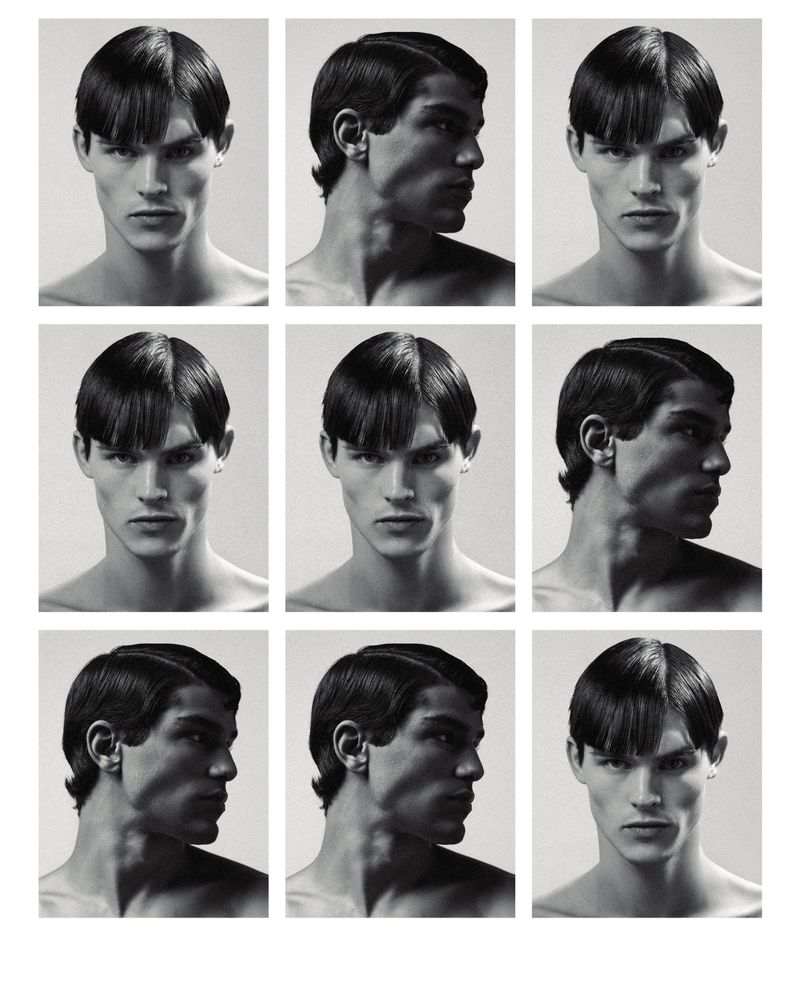 Nine-panel portrait of a young adult male with a dark bowl cut hairstyle, featuring close-up headshots in both front and side view, in black and white.