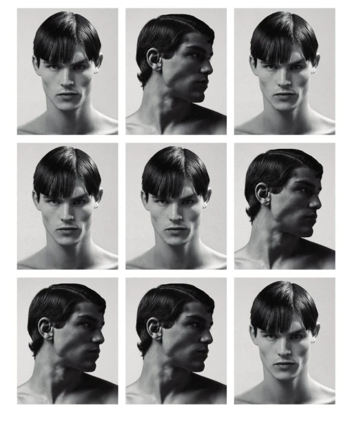 Nine-panel portrait of a young adult male with a dark bowl cut hairstyle, featuring close-up headshots in both front and side view, in black and white.