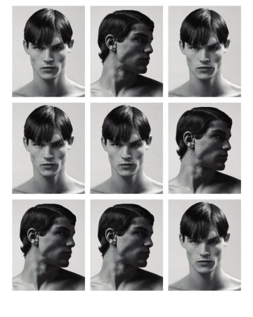 Nine-panel portrait of a young adult male with a dark bowl cut hairstyle, featuring close-up headshots in both front and side view, in black and white.