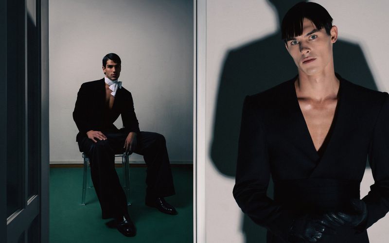 Two fashion portraits split across a diptych format featuring male models in black jackets.