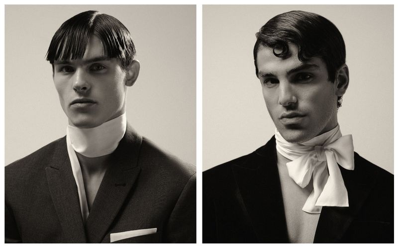 Monochrome portraits of two adult males with retro hairstyles and formal attire, showcasing classic fashion elements against a neutral backdrop.