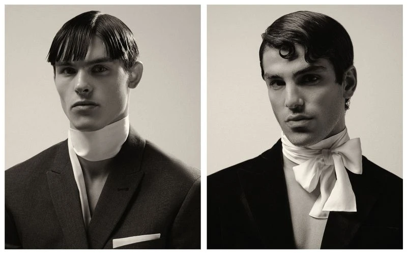 Monochrome portraits of two adult males with retro hairstyles and formal attire, showcasing classic fashion elements against a neutral backdrop.