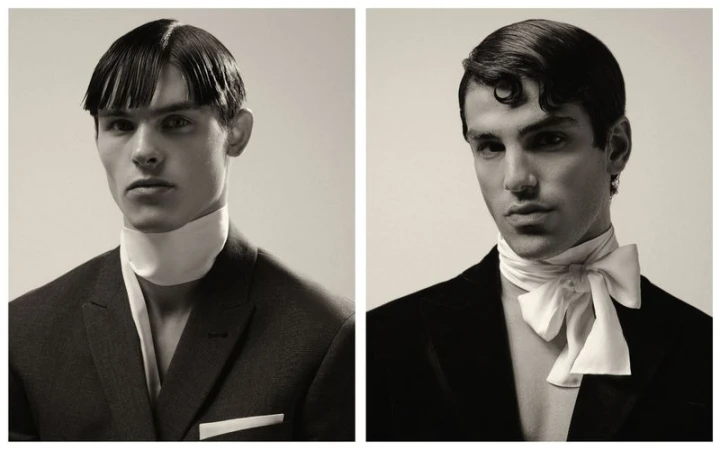 Monochrome portraits of two adult males with retro hairstyles and formal attire, showcasing classic fashion elements against a neutral backdrop.