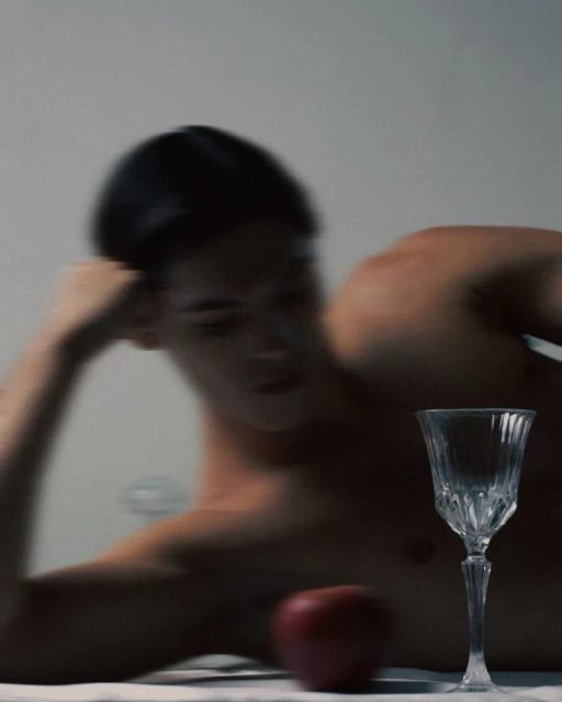 A shirtless man reclines beside a crystal glass and a red apple against a muted background in a blurred portrait photograph.