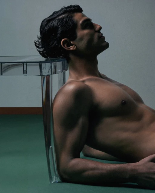 Portrait of a shirtless adult male leaning against a translucent acrylic table indoors. Dark hair, side profile, green floor.