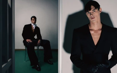 Two fashion portraits split across a diptych format featuring male models in black jackets.