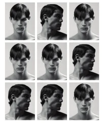 Monochrome grid of nine studio portrait panels showing a male model from front and profile angles against a light background.