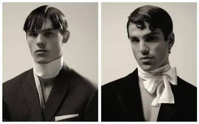 Two monochrome portrait panels of male models wearing dark jackets and white neckties against a neutral background.