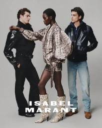 Three models posing in Isabel Marant AW26 fashion campaign against a neutral grey studio backdrop