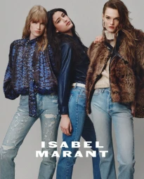 Three models wearing patterned blue blouse, dark jacket and fur coat with denim jeans against a plain grey background