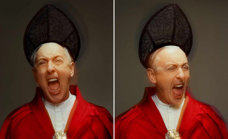 Two portraits of a man in ecclesiastical attire yelling with intense expression, split down the middle, set against a grey background.