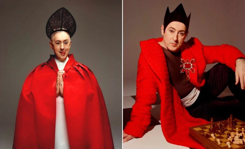 Two studio portraits of Alan Cumming: one in a red bishop robe and one in a red robe and crown, seated beside a chessboard.