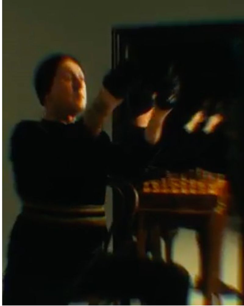 Adult male in black clothing seated at piano indoors, playing music with hands raised, captured in a dimly lit scene with soft focus.