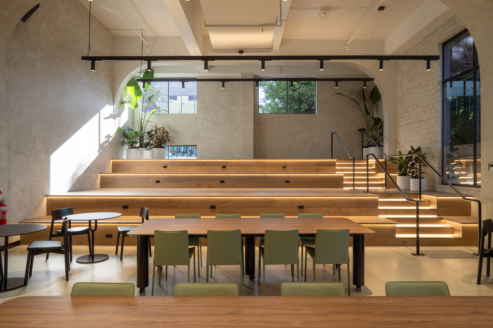 Interior view of a modern office space with wooden tiered seating, a large table with chairs, and plants in white pots, creating a bright workspace.
