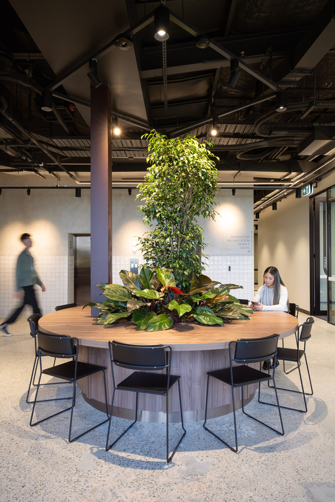 Modern office space featuring a round table with plants, surrounded by black chairs, and a woman using a device.