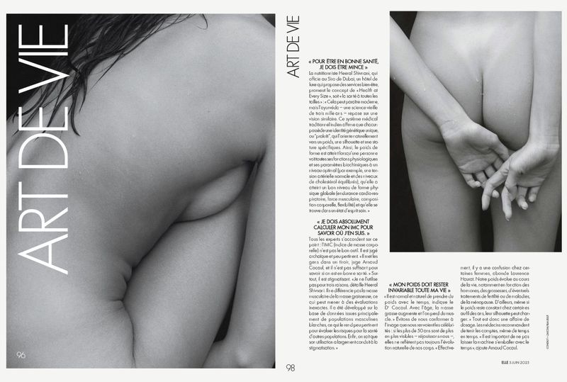 Black and white spread features nude female forms and French text about body image, focusing on health at every size philosophy.