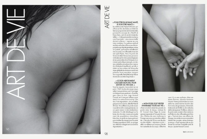 Black and white spread features nude female forms and French text about body image, focusing on health at every size philosophy.
