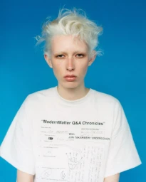 Portrait of a blonde model wearing a printed white t-shirt against a vibrant blue studio background.