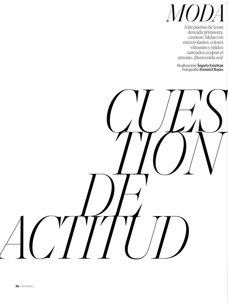 Fashion editorial layout featuring large typography spelling 'Cuestion de Actitud' alongside Spanish text about spring fashion.
